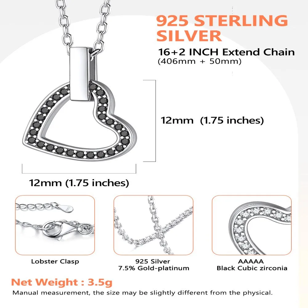 Women Sterling Silver Necklace with Black Cubic Zirconia, Heart Love Pendant Necklace Layering Necklace Gift for Mom Wife Girlfriend
