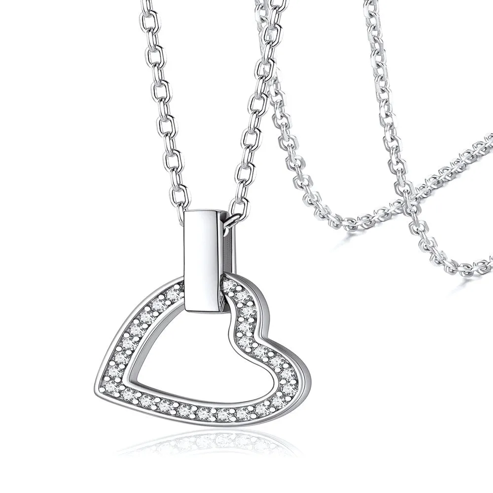 Women Sterling Silver Necklace with Black Cubic Zirconia, Heart Love Pendant Necklace Layering Necklace Gift for Mom Wife Girlfriend