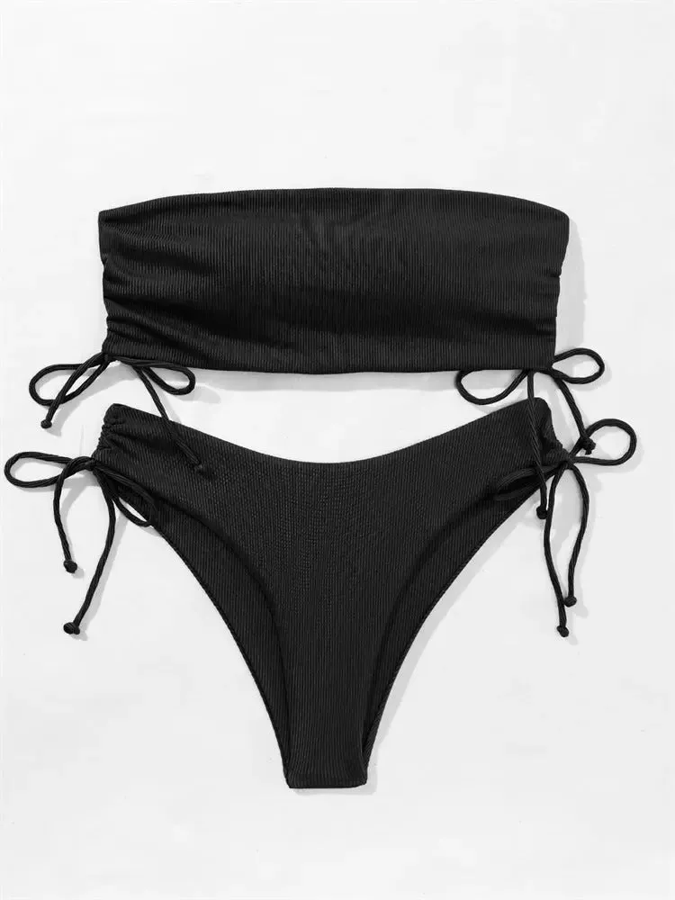 Womens Tube Bikini Summer Tube Bikini With Drawstring Design Solid Color Sexy Swimsuit For Beach Party Womens Clothing